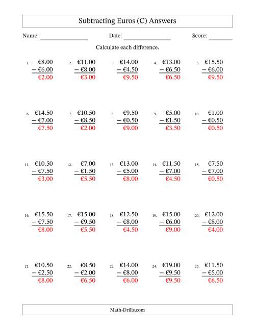 The Subtracting Euros With Amounts from 0.50 to 9.50 in Increments of Fifty Euro Cents (C) Math Worksheet Page 2