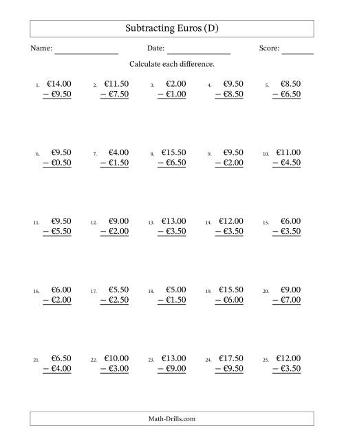 The Subtracting Euros With Amounts from 0.50 to 9.50 in Increments of Fifty Euro Cents (D) Math Worksheet