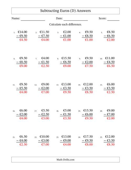 The Subtracting Euros With Amounts from 0.50 to 9.50 in Increments of Fifty Euro Cents (D) Math Worksheet Page 2