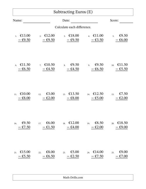 The Subtracting Euros With Amounts from 0.50 to 9.50 in Increments of Fifty Euro Cents (E) Math Worksheet