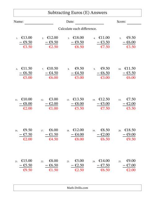 The Subtracting Euros With Amounts from 0.50 to 9.50 in Increments of Fifty Euro Cents (E) Math Worksheet Page 2