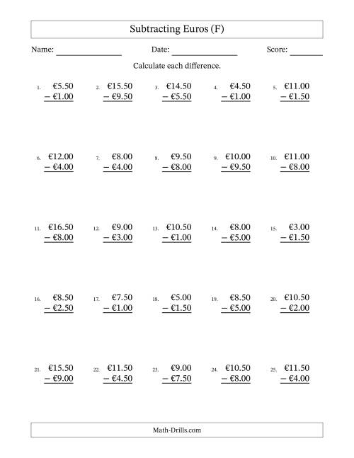 The Subtracting Euros With Amounts from 0.50 to 9.50 in Increments of Fifty Euro Cents (F) Math Worksheet