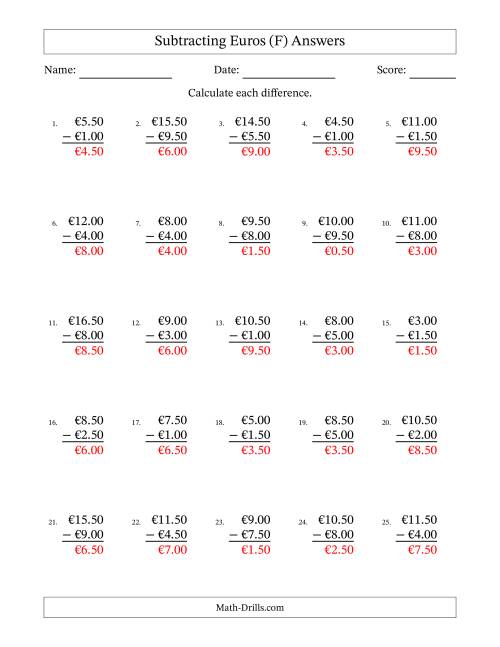 The Subtracting Euros With Amounts from 0.50 to 9.50 in Increments of Fifty Euro Cents (F) Math Worksheet Page 2