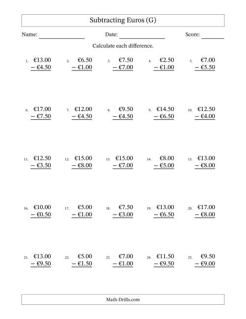 The Subtracting Euros With Amounts from 0.50 to 9.50 in Increments of Fifty Euro Cents (G) Math Worksheet