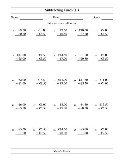 The Subtracting Euros With Amounts from 0.50 to 9.50 in Increments of Fifty Euro Cents (H) Math Worksheet