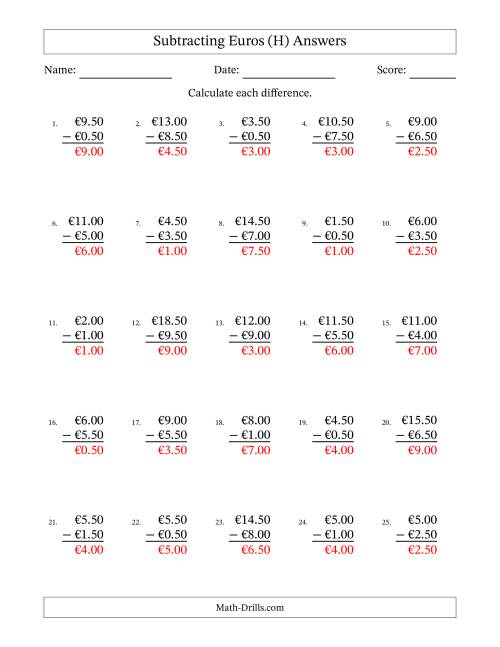 The Subtracting Euros With Amounts from 0.50 to 9.50 in Increments of Fifty Euro Cents (H) Math Worksheet Page 2