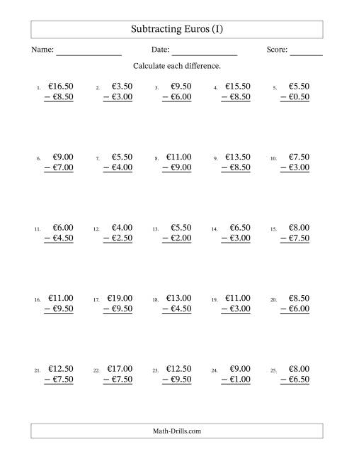 The Subtracting Euros With Amounts from 0.50 to 9.50 in Increments of Fifty Euro Cents (I) Math Worksheet