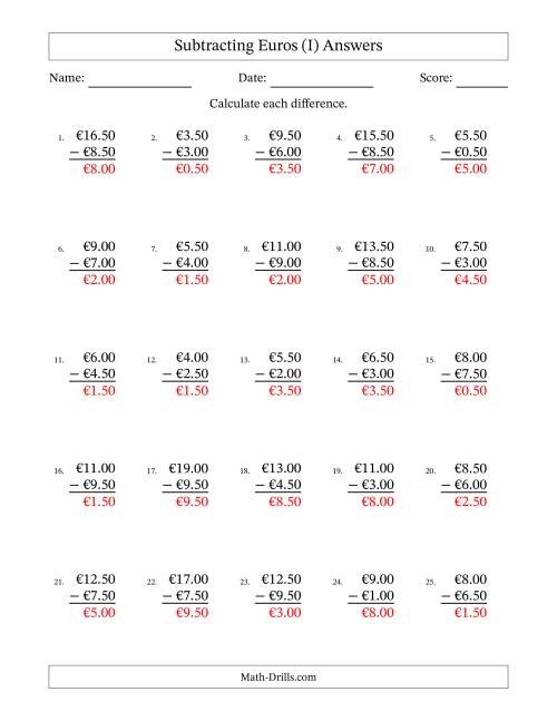 The Subtracting Euros With Amounts from 0.50 to 9.50 in Increments of Fifty Euro Cents (I) Math Worksheet Page 2