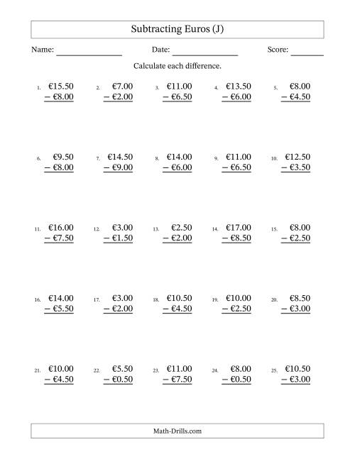 The Subtracting Euros With Amounts from 0.50 to 9.50 in Increments of Fifty Euro Cents (J) Math Worksheet