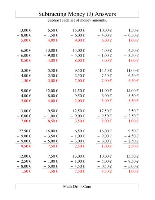 The Subtracting Euro Money to €10 -- Increments of 50 Euro Cents (J) Math Worksheet Page 2