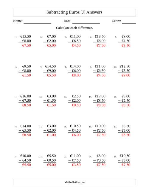 The Subtracting Euros With Amounts from 0.50 to 9.50 in Increments of Fifty Euro Cents (J) Math Worksheet Page 2