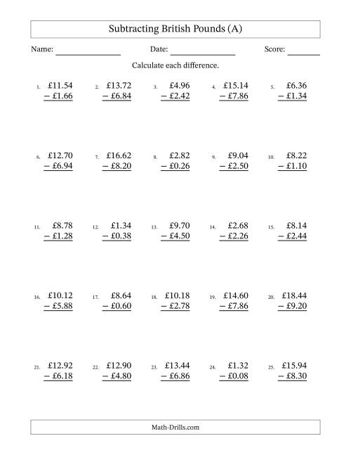 The Subtracting British Pounds With Amounts from 0.02 to 9.98 in Increments of Two Pence (A) Math Worksheet