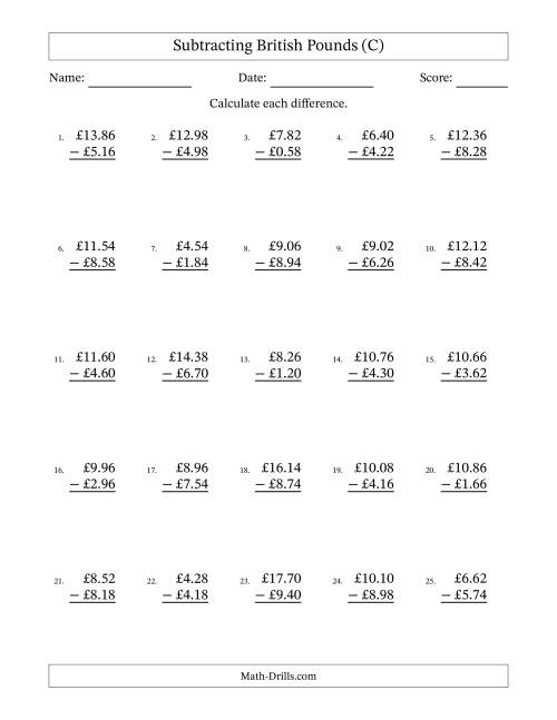 The Subtracting British Pounds With Amounts from 0.02 to 9.98 in Increments of Two Pence (C) Math Worksheet