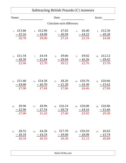 The Subtracting British Pounds With Amounts from 0.02 to 9.98 in Increments of Two Pence (C) Math Worksheet Page 2