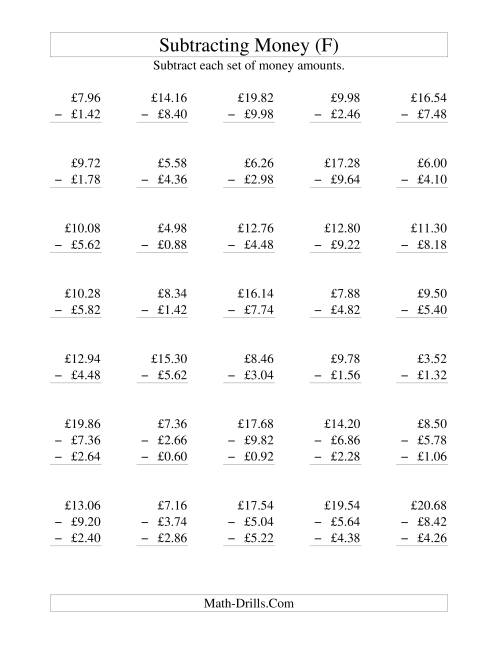 The Subtracting British Money to £10 -- Increments of 2 Pence (F) Math Worksheet