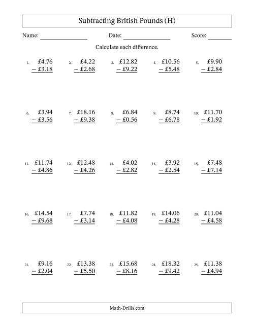 The Subtracting British Pounds With Amounts from 0.02 to 9.98 in Increments of Two Pence (H) Math Worksheet