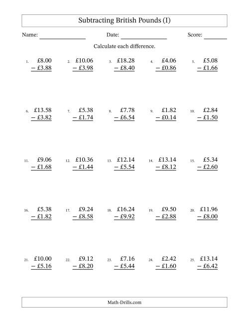 The Subtracting British Pounds With Amounts from 0.02 to 9.98 in Increments of Two Pence (I) Math Worksheet