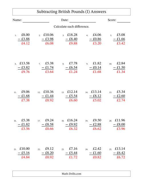 The Subtracting British Pounds With Amounts from 0.02 to 9.98 in Increments of Two Pence (I) Math Worksheet Page 2