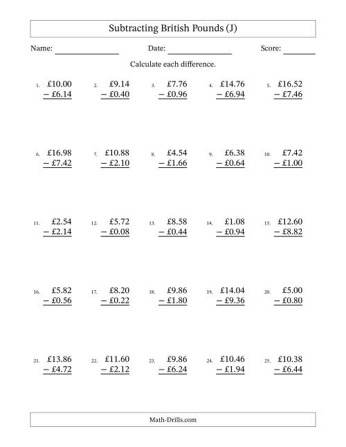 The Subtracting British Pounds With Amounts from 0.02 to 9.98 in Increments of Two Pence (J) Math Worksheet