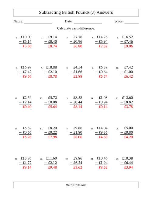 The Subtracting British Pounds With Amounts from 0.02 to 9.98 in Increments of Two Pence (J) Math Worksheet Page 2