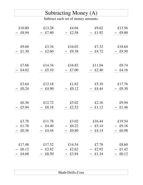 The Subtracting British Money to £10 -- Increments of 2 Pence (All) Math Worksheet