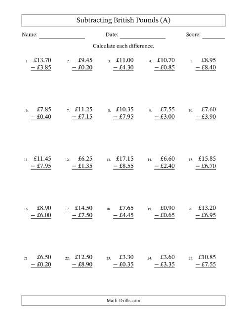 The Subtracting British Pounds With Amounts from 0.05 to 9.95 in Increments of Five Pence (A) Math Worksheet