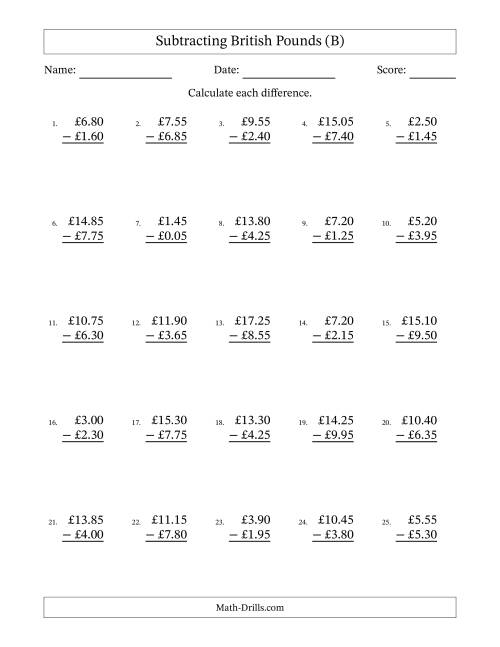 The Subtracting British Pounds With Amounts from 0.05 to 9.95 in Increments of Five Pence (B) Math Worksheet