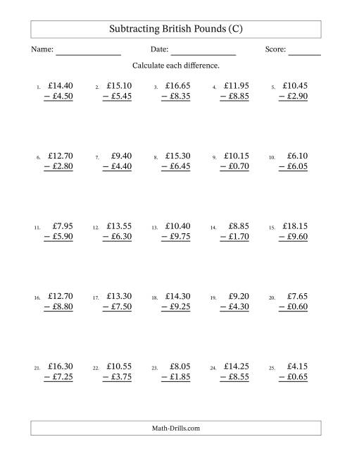 The Subtracting British Pounds With Amounts from 0.05 to 9.95 in Increments of Five Pence (C) Math Worksheet