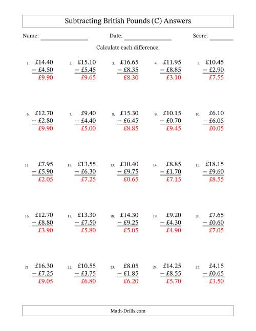 The Subtracting British Pounds With Amounts from 0.05 to 9.95 in Increments of Five Pence (C) Math Worksheet Page 2