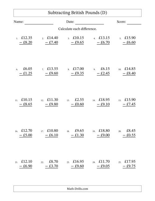 The Subtracting British Pounds With Amounts from 0.05 to 9.95 in Increments of Five Pence (D) Math Worksheet