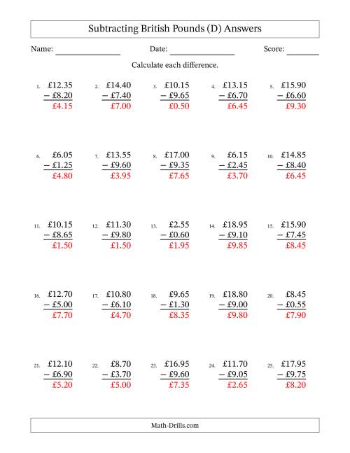 The Subtracting British Pounds With Amounts from 0.05 to 9.95 in Increments of Five Pence (D) Math Worksheet Page 2