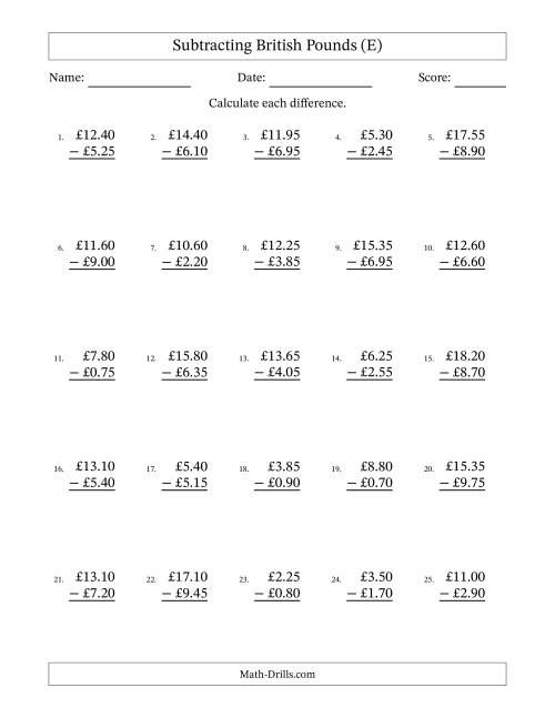 The Subtracting British Pounds With Amounts from 0.05 to 9.95 in Increments of Five Pence (E) Math Worksheet