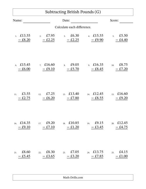 The Subtracting British Pounds With Amounts from 0.05 to 9.95 in Increments of Five Pence (G) Math Worksheet