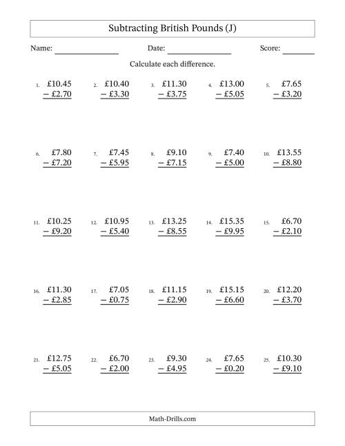 The Subtracting British Pounds With Amounts from 0.05 to 9.95 in Increments of Five Pence (J) Math Worksheet