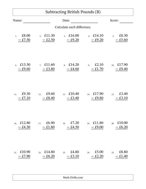 The Subtracting British Pounds With Amounts from 0.10 to 9.90 in Increments of Ten Pence (B) Math Worksheet