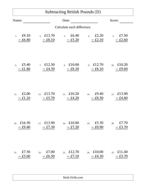 The Subtracting British Pounds With Amounts from 0.10 to 9.90 in Increments of Ten Pence (D) Math Worksheet