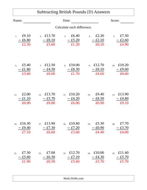 The Subtracting British Pounds With Amounts from 0.10 to 9.90 in Increments of Ten Pence (D) Math Worksheet Page 2