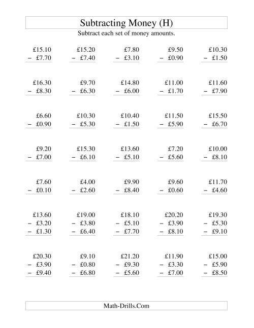 The Subtracting British Money to £10 -- Increments of 10 Pence (H) Math Worksheet