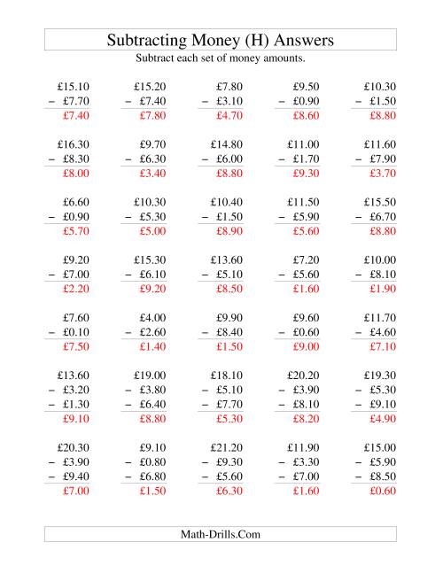 The Subtracting British Money to £10 -- Increments of 10 Pence (H) Math Worksheet Page 2