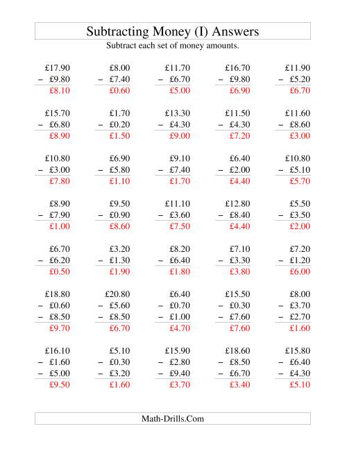 The Subtracting British Money to £10 -- Increments of 10 Pence (I) Math Worksheet Page 2