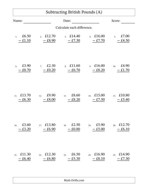 The Subtracting British Pounds With Amounts from 0.10 to 9.90 in Increments of Ten Pence (All) Math Worksheet