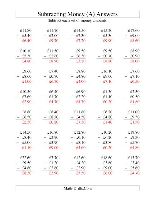 The Subtracting British Money to £10 -- Increments of 10 Pence (All) Math Worksheet Page 2