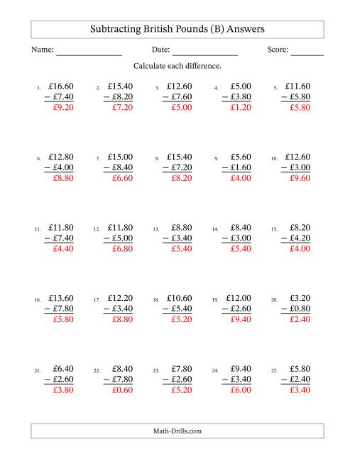 The Subtracting British Pounds With Amounts from 0.20 to 9.80 in Increments of Twenty Pence (B) Math Worksheet Page 2