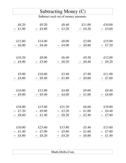 The Subtracting British Money to £10 -- Increments of 20 Pence (C) Math Worksheet