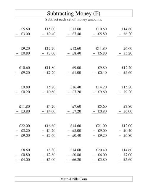 The Subtracting British Money to £10 -- Increments of 20 Pence (F) Math Worksheet