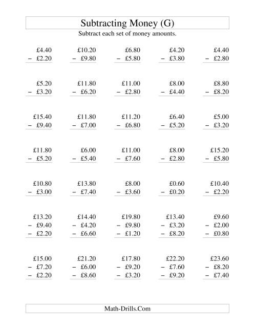 The Subtracting British Money to £10 -- Increments of 20 Pence (G) Math Worksheet