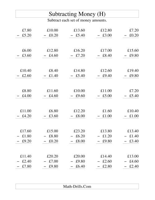 The Subtracting British Money to £10 -- Increments of 20 Pence (H) Math Worksheet