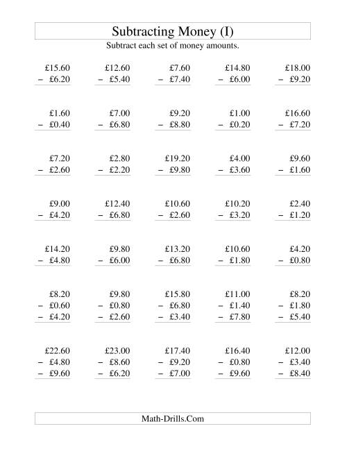 The Subtracting British Money to £10 -- Increments of 20 Pence (I) Math Worksheet