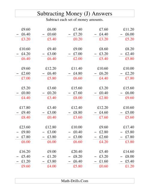 The Subtracting British Money to £10 -- Increments of 20 Pence (J) Math Worksheet Page 2