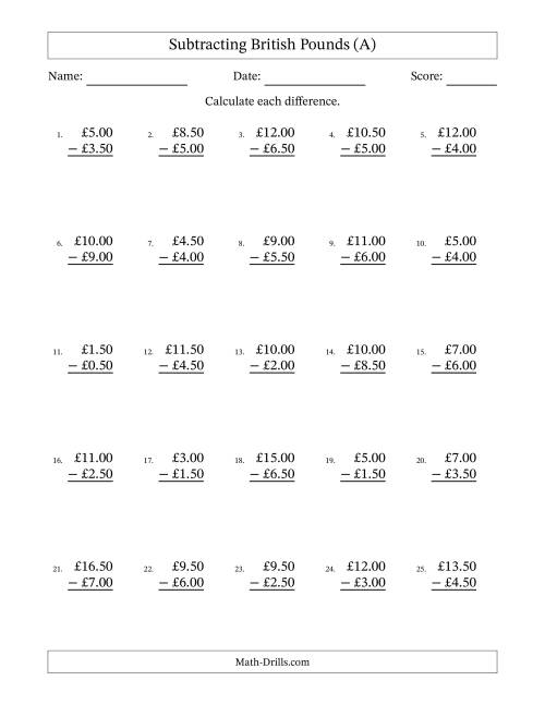 The Subtracting British Pounds With Amounts from 0.50 to 9.50 in Increments of Fifty Pence (A) Math Worksheet